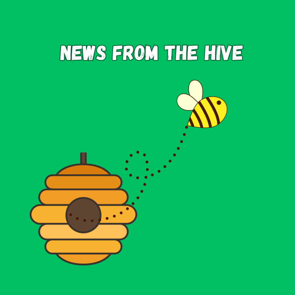 News from the Hive with a honey bee flying out of the nest