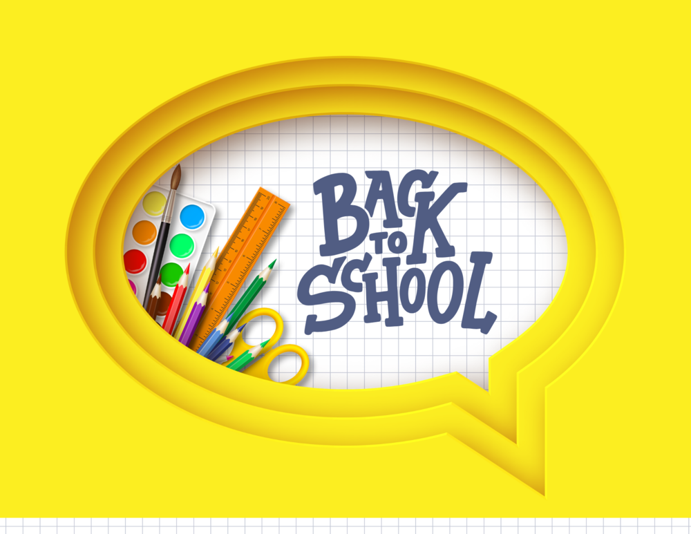Back to School in speech bubble with school supplies